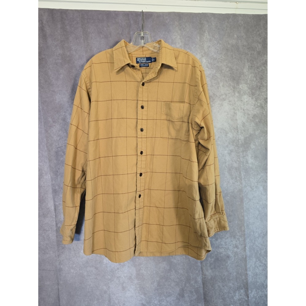 VTG Polo Ralph Lauren Lowell Sport Windowpane Plaid Shirt Men L Tan Brown
